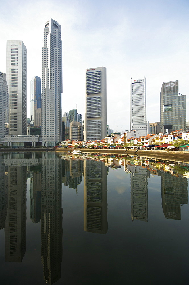 Early morning, Boat Quay and the Singapore River with the Financial District behind, Singapore, Southeast Asia, Asia