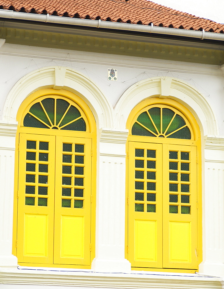 Colourfully painted window shutters in Little India, Singapore, Southeast Asia, Asia