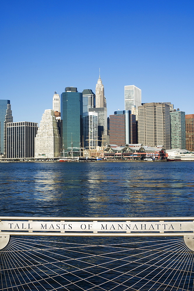 Manhattan skyline and the East River from the Fulton Ferry Landing, Brooklyn, New York City, New York, United States of America, North America