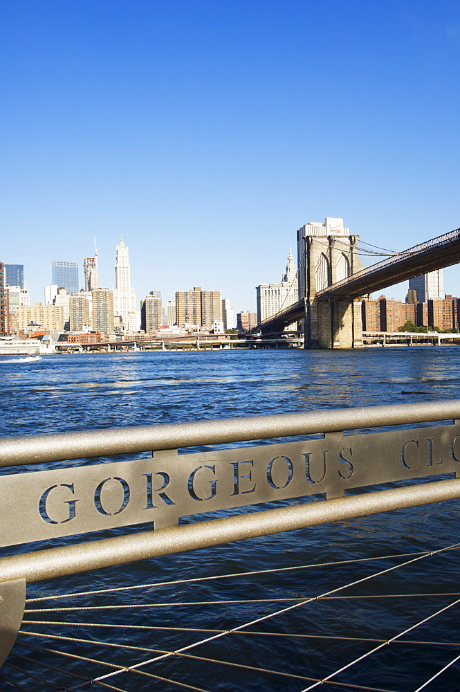 Manhattan skyline, Brooklyn Bridge and the East River from the Fulton Ferry Landing, Brooklyn, New York City, New York, United States of America, North America