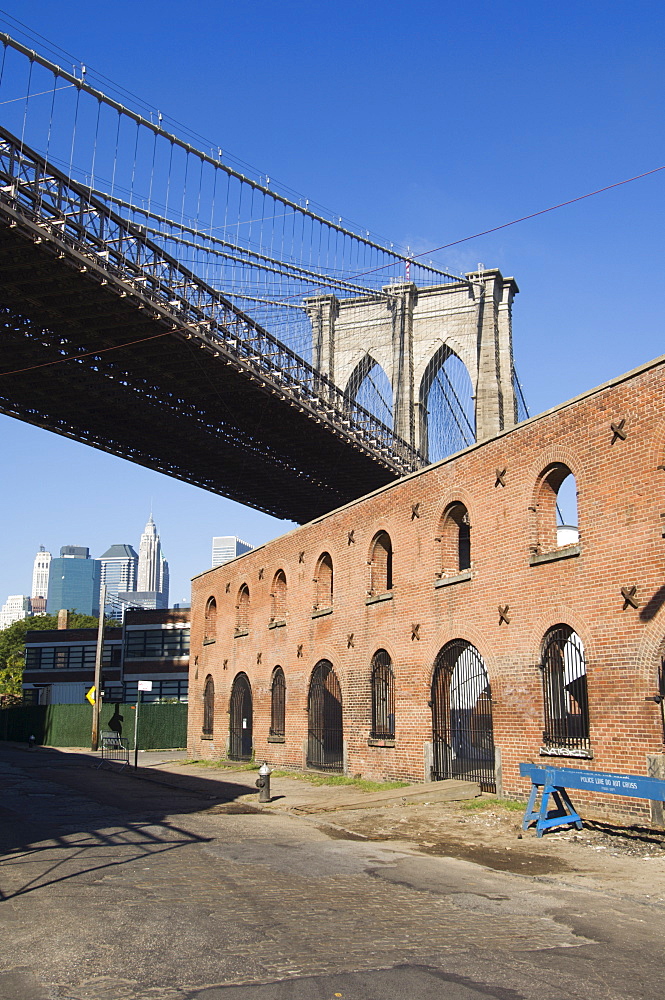 Derelict warehouses under Brooklyn Bridge, Brooklyn, New York City, New York, United States of America, North America