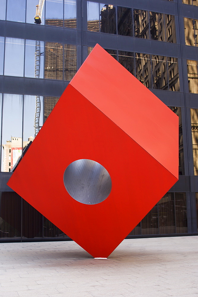 Red Cube sculpture, 1968 by Isamu Noguchi at 140 Broadway, Manhattan, New York City, New York, United States of America, North America