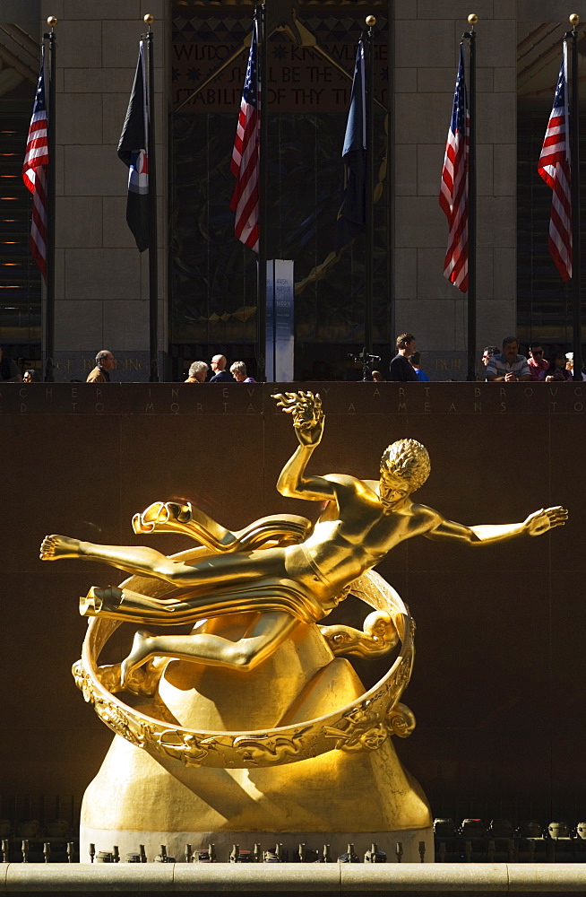 Statue of Prometheus in the Plaza of the Rockefeller Center, Manhattan, New York City, New York, United States of America, North America