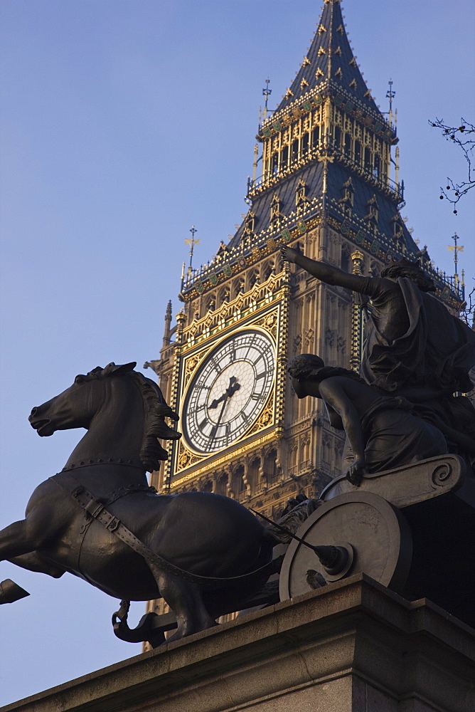 Big Ben seen through the statue of Boudica (Boadicea), Westminster, London, England, United Kingdom, Europe