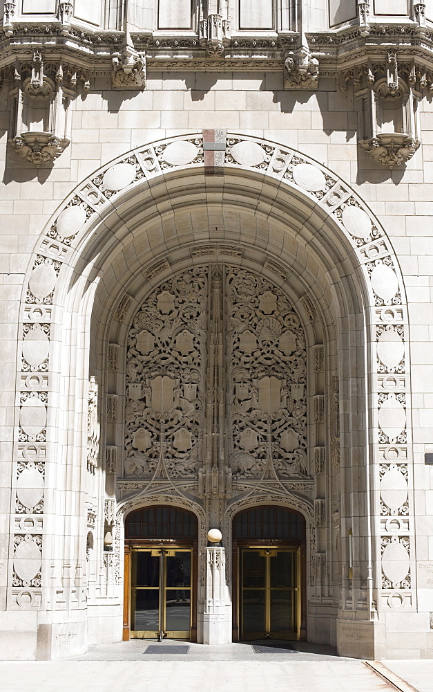 Ornate Gothic style entrance to the Tribune Tower, Chicago, Illinois, United States of America, North America