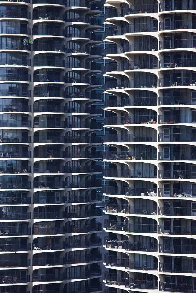 Close-up of Marina City's twin towers, Chicago, Illinois, United States of America, North America