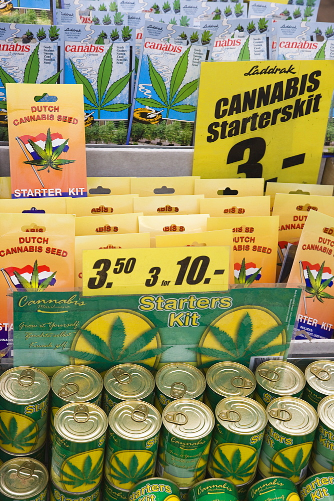 Cannabis seed starter kits, Bloemenmarkt (flower market), Amsterdam, Netherlands, Europe