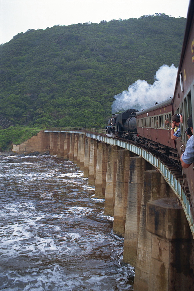 Outeniqua Choo Tjoe train crossing the Kaimans River Bridge, South Africa, Africa