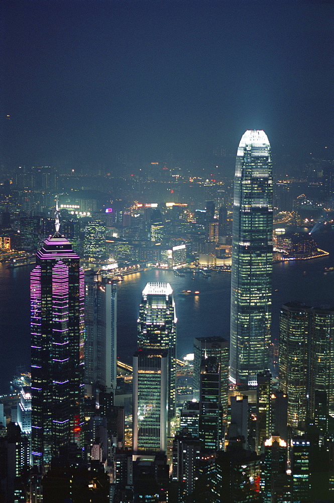 Two IFC Building on right and skyline at night, Hong Kong, China, Asia