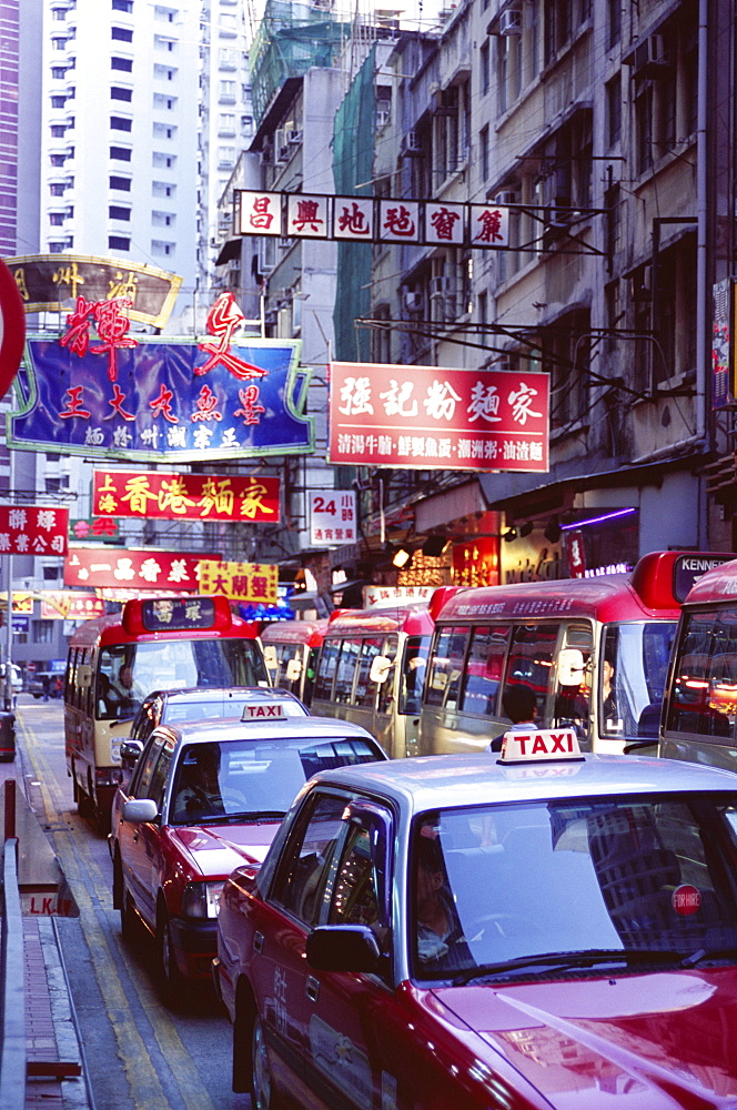 Taxis and buses, Causeway Bay, Hong Kong Island, Hong Kong, China, Asia