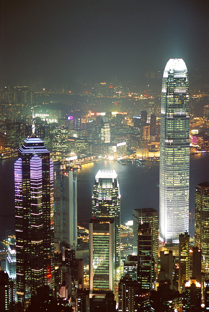 Hong Kong skyline at night with the Center on left, and 2IFC Building on right, Hong Kong, China, Asia