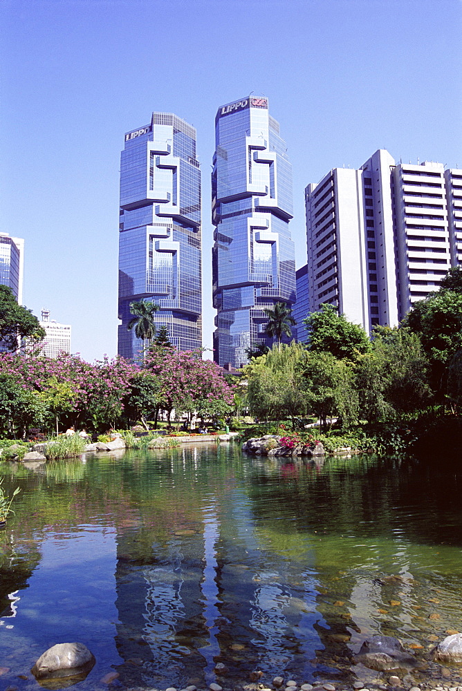 The Lippo Towers from Hong Kong Park, Central, Hong Kong Island, Hong Kong, China, Asia