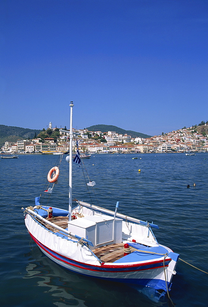 Small boat in harbour on Poros, Saronic Islands, Greek Islands, Greece, Europe