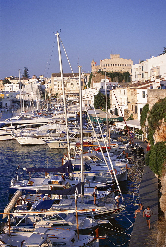 Boats and waterfront, Cuidadella, Menorca (Minorca), Balearic Islands, Mediterranean, Spain, Europe