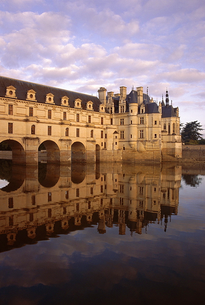 Chateau of Chenonceaux, reflected in water, Loire Valley, Centre, France, Europe