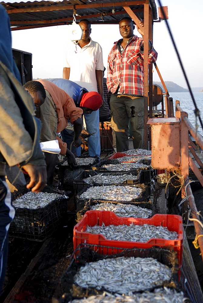 Kapenta fishing crew and boat, Lake Kariba, Zimbabwe, Africa