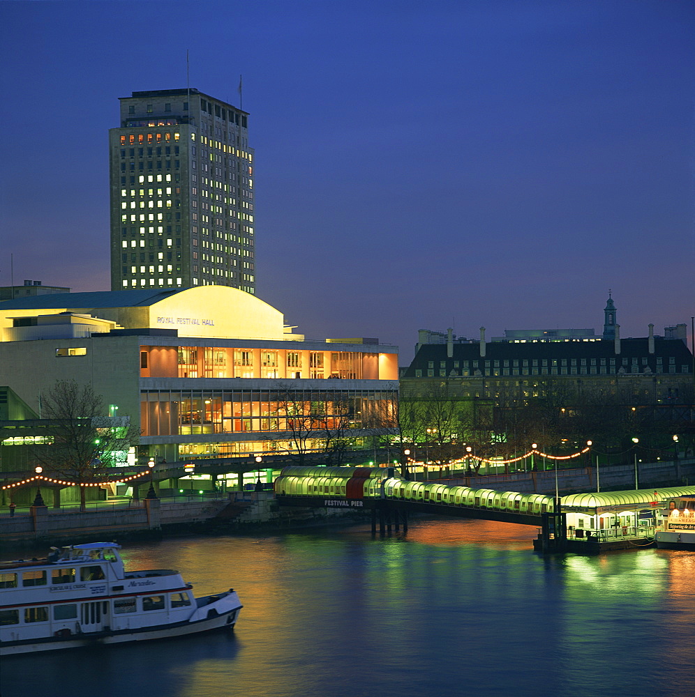 The Royal Festival Hall illuminated at dusk, South Bank, London, England, United Kingdom, Europe