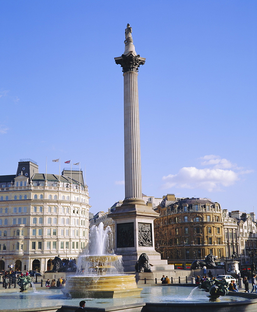 Nelson's Column and fountains, Trafalgar Square, London, England, UK