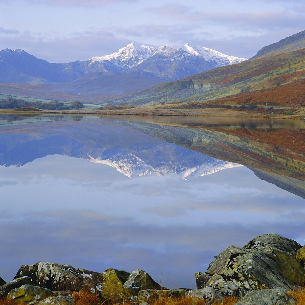 The Snowdon range from Capel Curig across Llynnau Mymbr (Llyn Mymbyr), Snowdonia National Park, Gwynedd, North Wales, UK, Europe