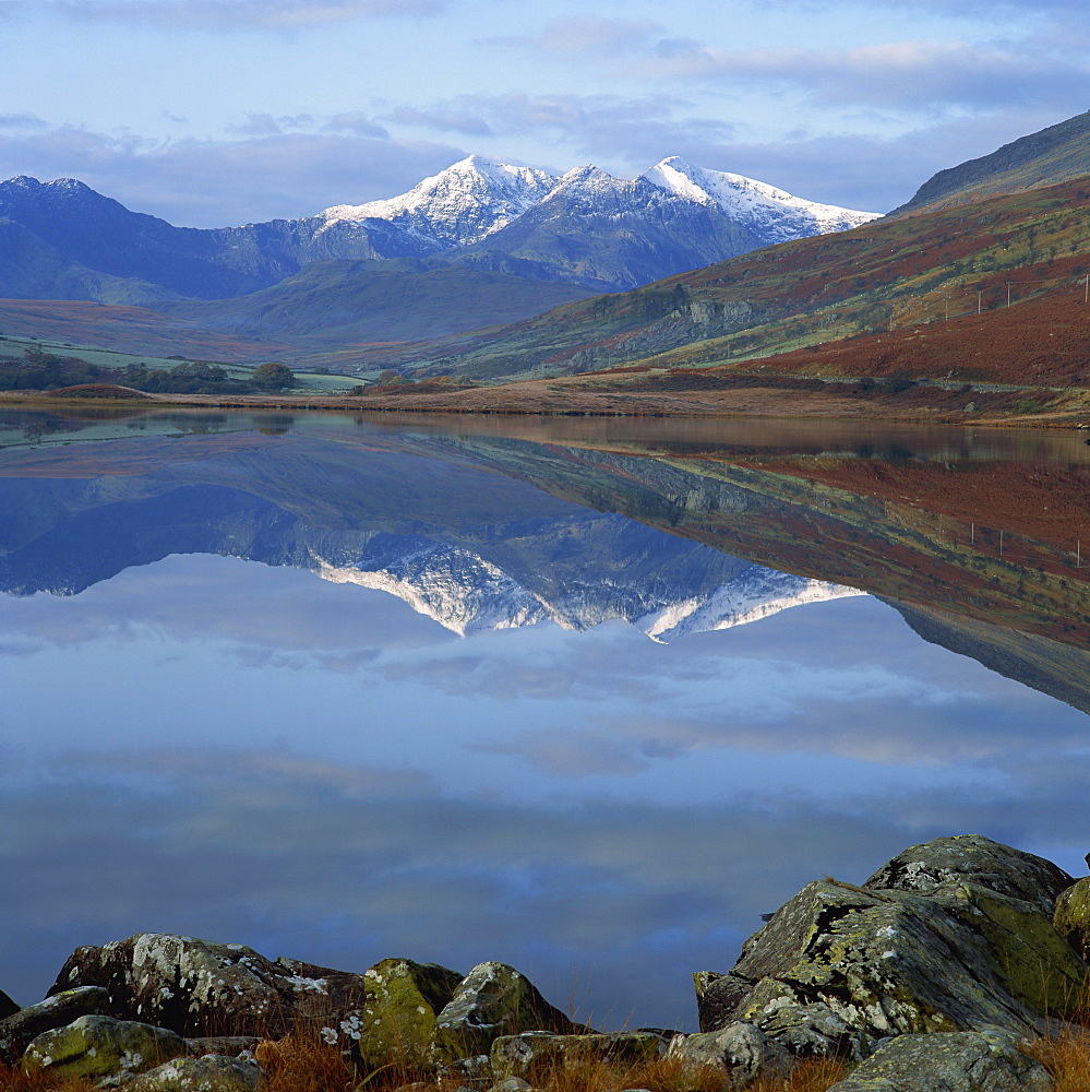 Snowcapped peaks of the Snowdon Range, seen from Capel Curig, across Llynnau Mymbr, Snowdonia, Gwynedd, north Wales, United Kingdom, Europe