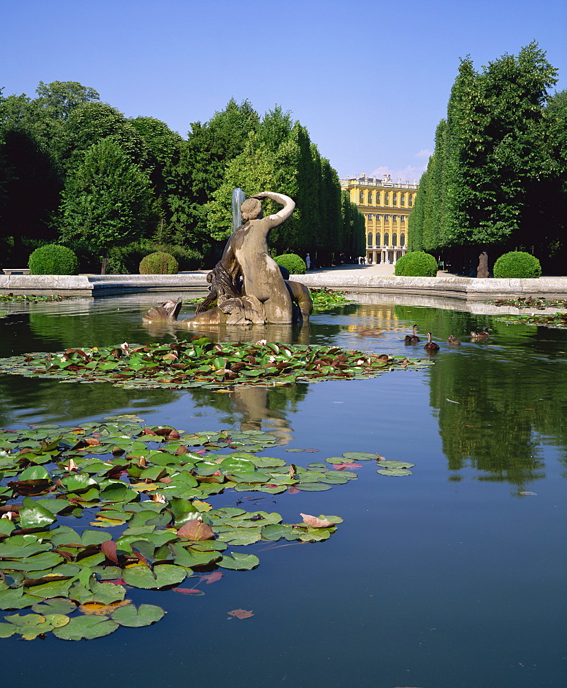 Lily pond and Naiad fountain in the garden of the Schonbrunn Palace, UNESCO World Heritage Site, Vienna, Austria, Europe