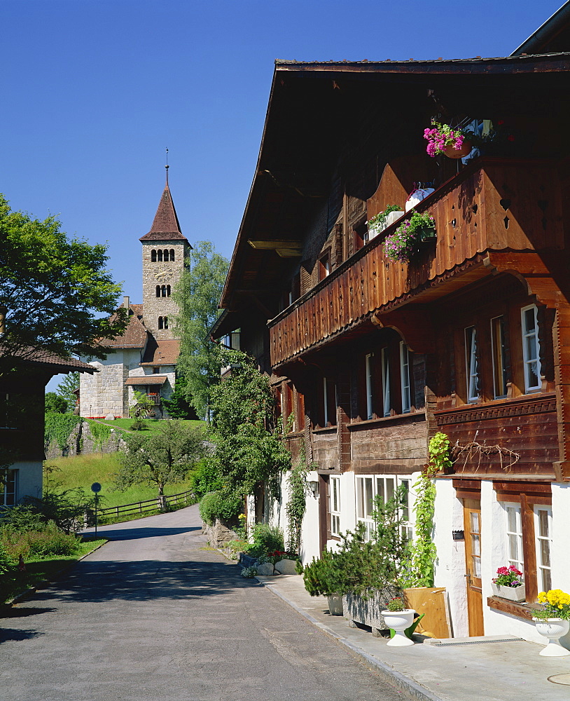 Houses and church at Brienz in the Jungfrau region of Switzerland, Europe