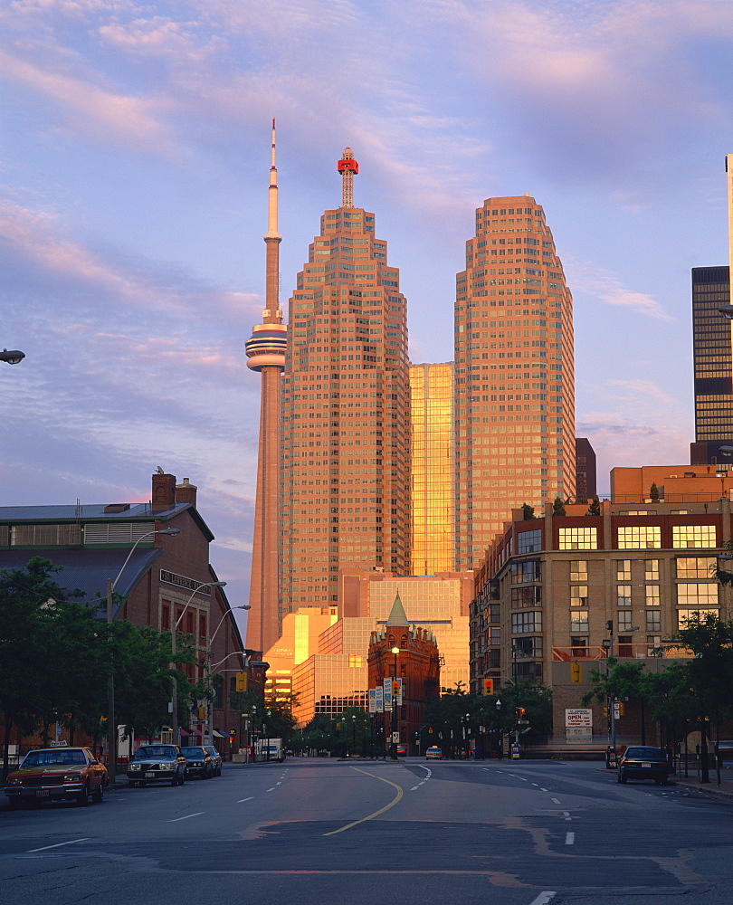 The C.N.Tower and city centre skyscraper at dawn, Toronto, Ontario, Canada, North America