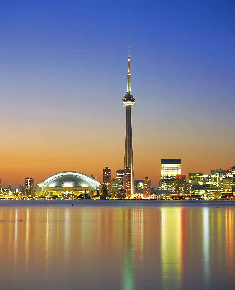 City skyline including CN Tower in the evening, Toronto, Ontario, Canada