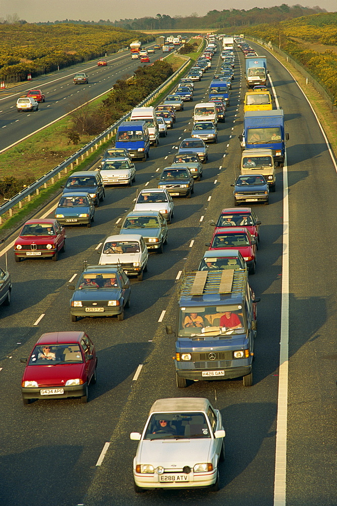 Traffic jam on the M3 at Chobham, Surrey, England, United Kingdom, Europe