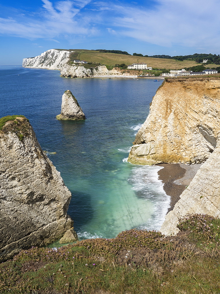 Freshwater Bay and chalk cliffs of Tennyson Down, Isle of Wight, England, United Kingdom, Europe