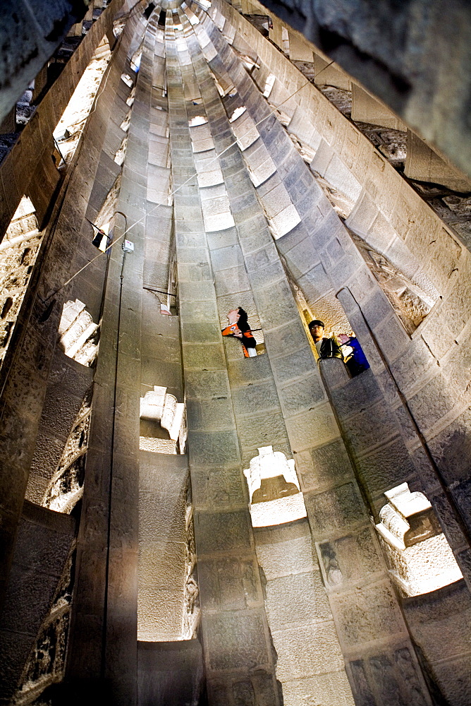 Looking up inside one of the towers, La Sagrada Familia church, Barcelona, Catalonia, Spain, Europe