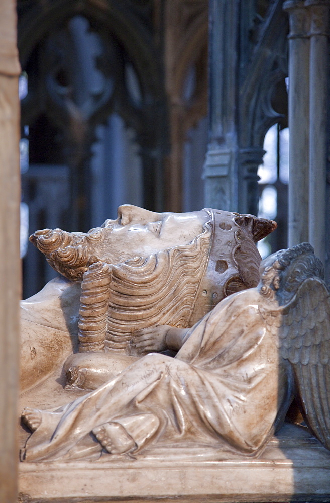 Close-up of effigy on tomb of King Edward II, died 1327, Gloucester Cathedral, Gloucester, Gloucestershire, England, United Kingdom, Europe