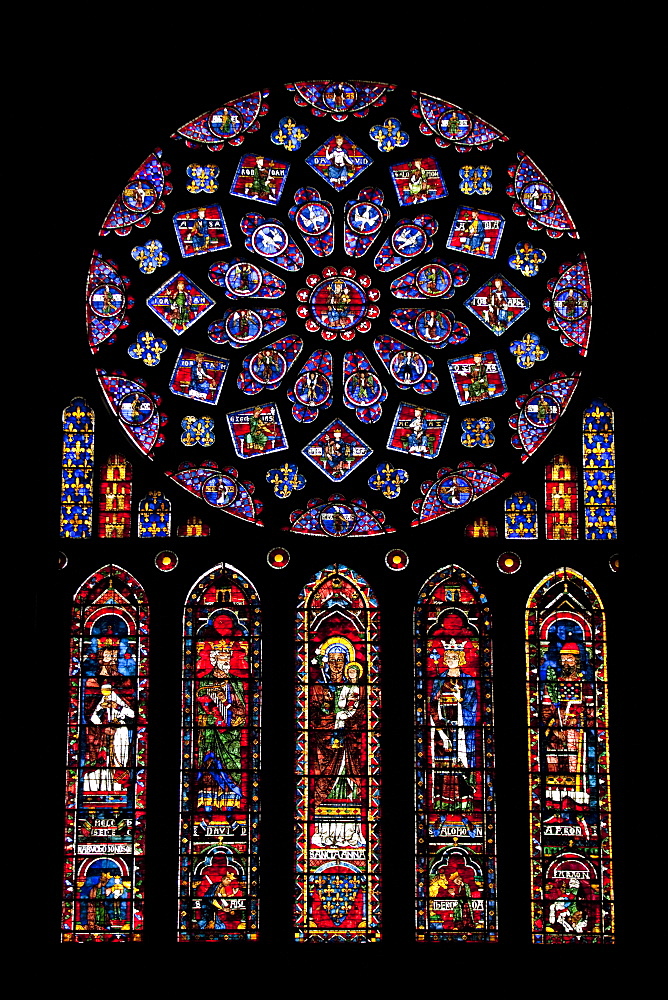 Rose window, Medieval stained glass windows in North Transept, Chartres Cathedral, UNESCO World Heritage Site, Chartres, Eure-et-Loir Region, France, Europe