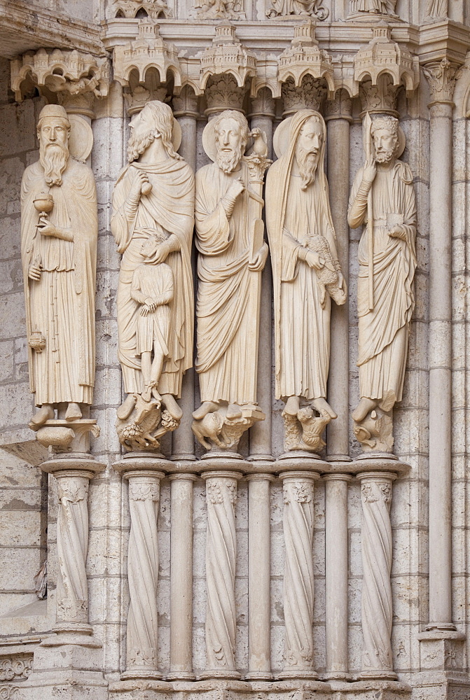 Medieval carvings of Old Testament figures including Abraham with Isaac, Moses and David, on North Porch, Chartres Cathedral, UNESCO World Heritage Site, Eure-et-Loir Region, France, Europe