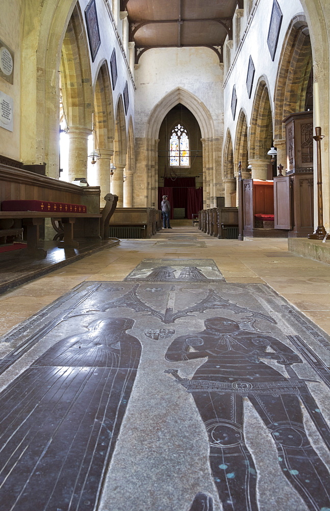 Interior with brasses, St Michaels Church, Great Tew, Oxfordshire, England, United Kingdom, Europe