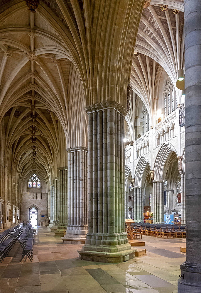 Nave and South Aisle looking North West, Exeter Cathedral, Exeter, Devon, England, United Kingdom, Europe