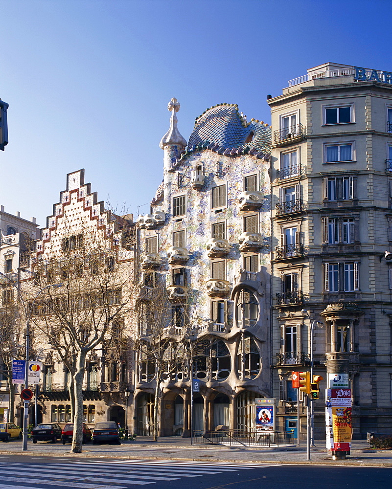 Street scene with houses by two architects, Casa Batlo by Gaudi and Casa Amatler by Cadafalch, in Barcelona, Cataluna, Spain 