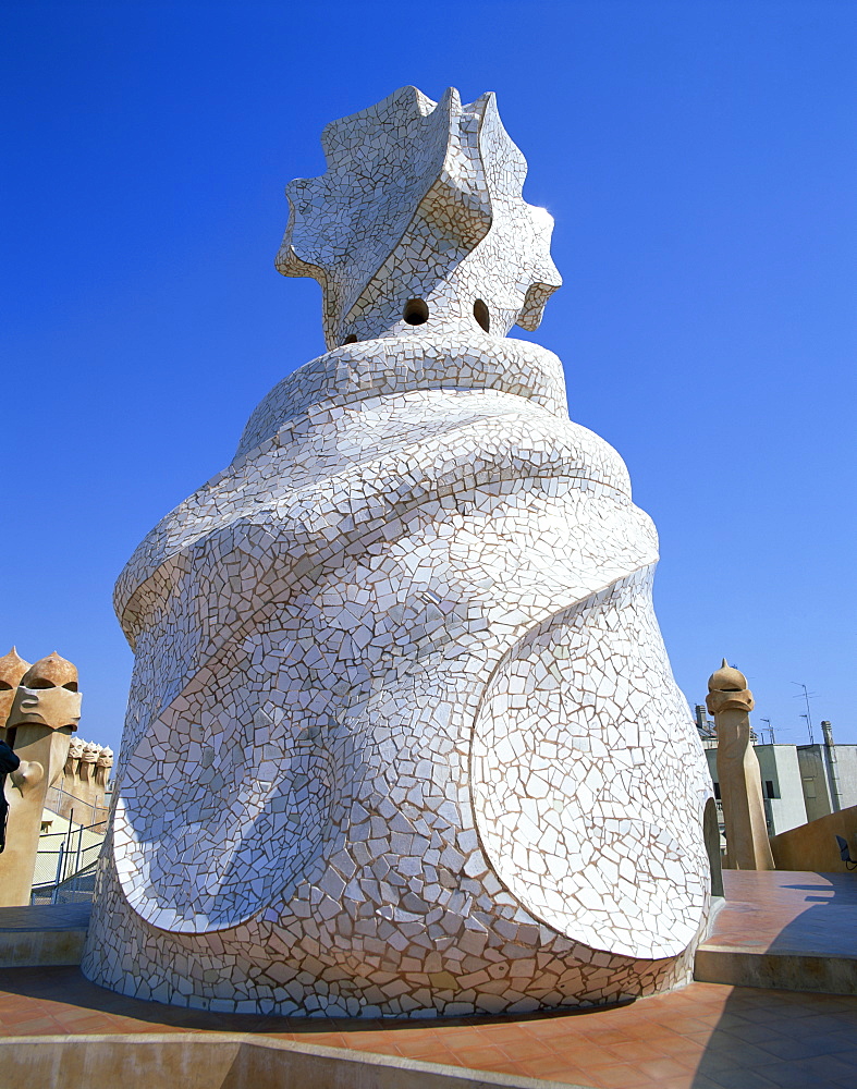 Roof and chimneys of the Casa Mila, a Gaudi house, UNESCO World Heritage Site, in Barcelona, Cataluna, Spain, Europe