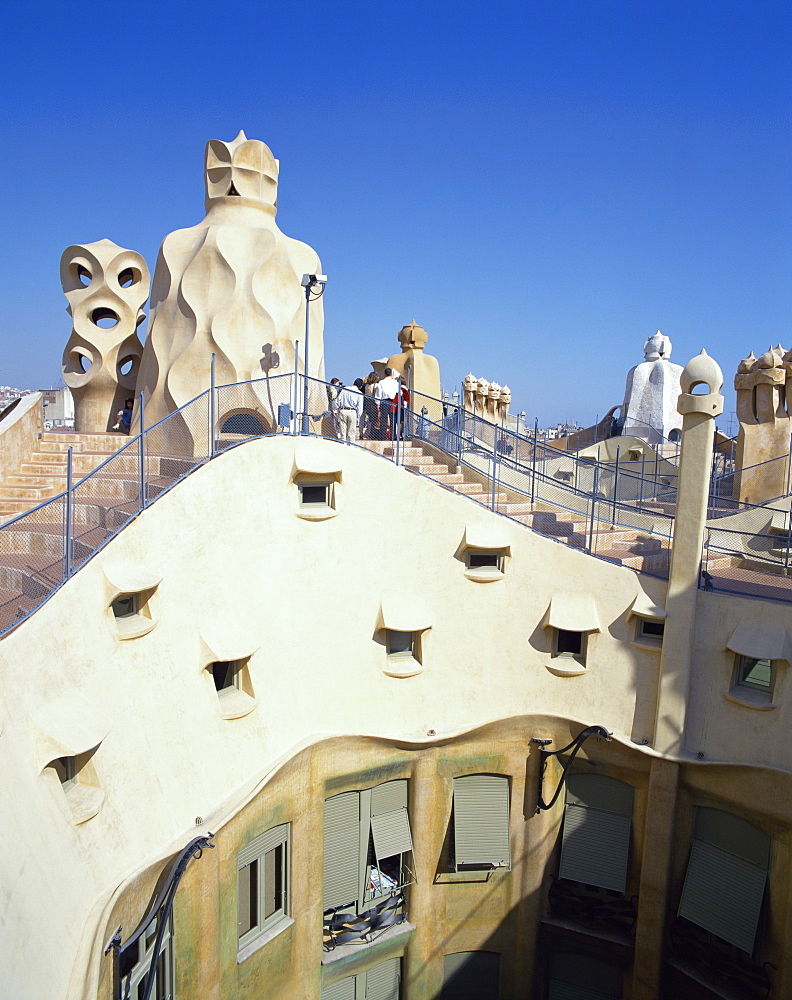 Roof and chimneys of the Casa Mila, a Gaudi house, UNESCO World Heritage Site, in Barcelona, Cataluna, Spain, Europe