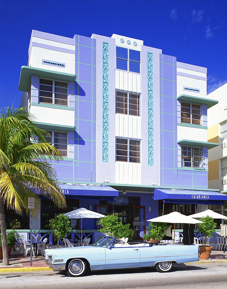 Classic American car outside the Casablanca Hotel, Ocean Drive, Art Deco District, Miami Beach, South Beach, Miami, Florida, United States of America, North America