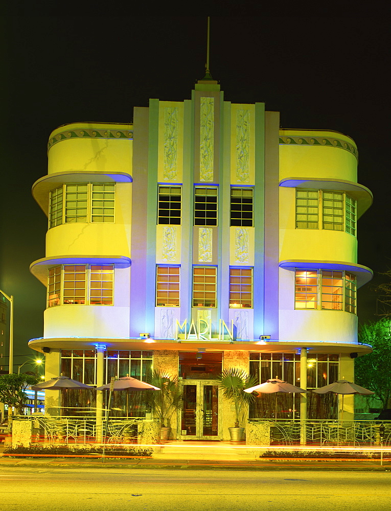 The Marlin Hotel illuminated at night, Ocean Drive, Art Deco District, Miami Beach (South Beach), Miami, Florida, United States of America, North America