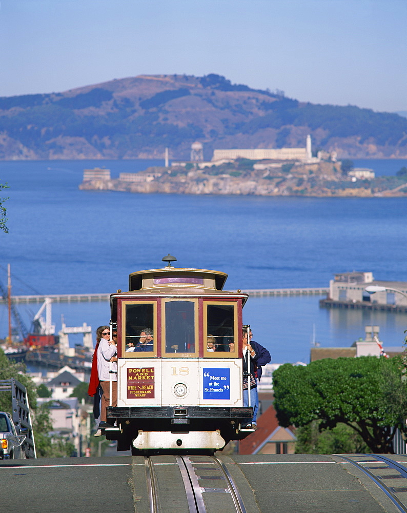 Tram on Russian Hill with view over Alcatraz, San Francisco, California, United States of America, North America