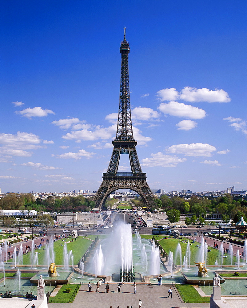 The Eiffel Tower with water fountains, Paris, France 