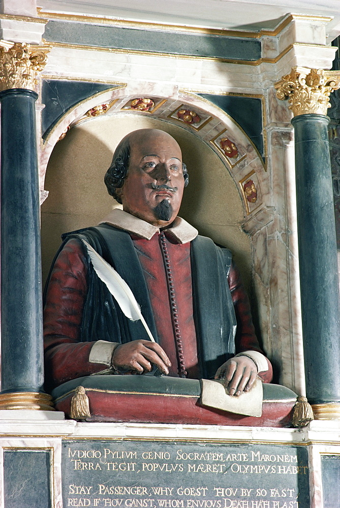 William Shakespeare's bust, Holy Trinity church, Stratford upon Avon, Warwickshire, England, United Kingdom, Europe