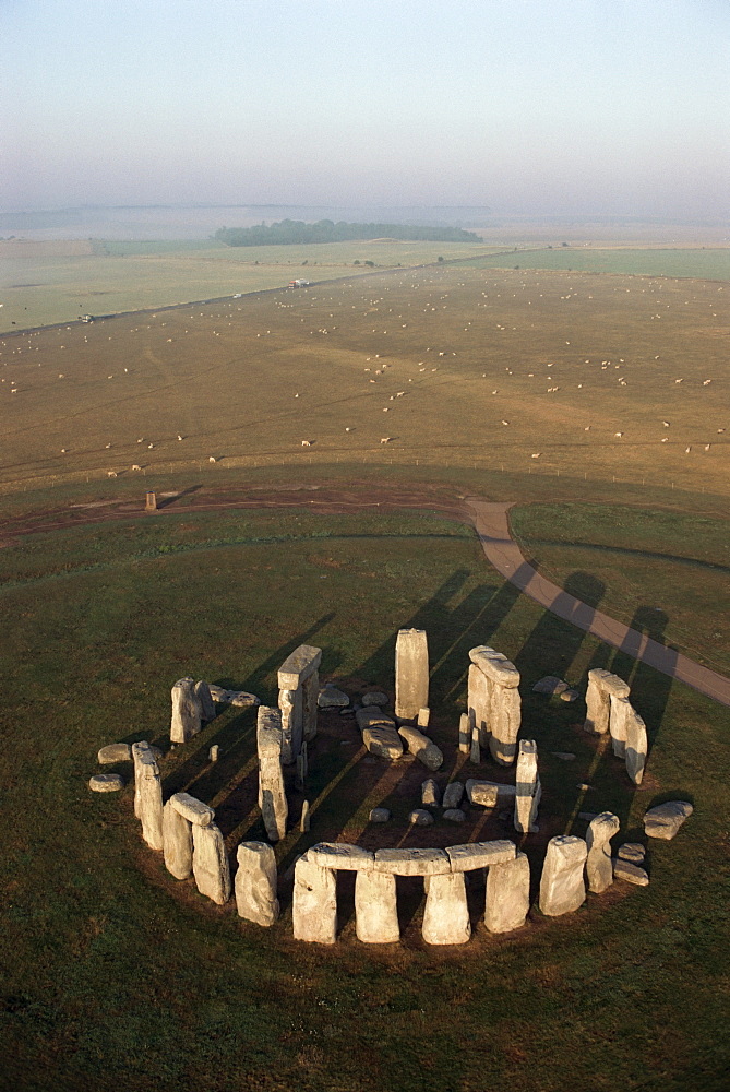 Aerial view of Stonehenge, UNESCO World Heritage Site, Salisbury Plain, Wiltshire, England, United Kingdom, Europe