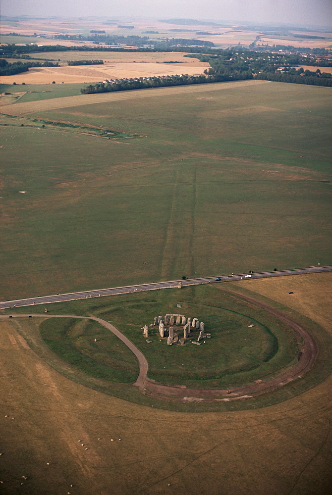 Aerial view of Stonehenge, UNESCO World Heritage Site, Salisbury Plain, Wiltshire, England, United Kingdom, Europe