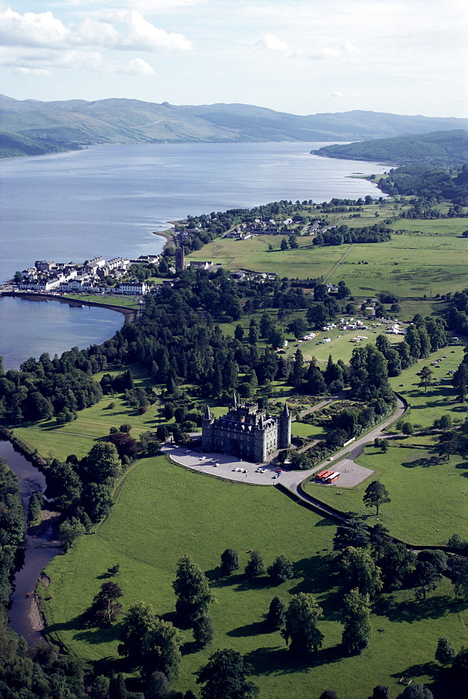 Aerial view of Inverary castle and Loch Fyne, Inverary, Scotland, United Kingdom, Europe