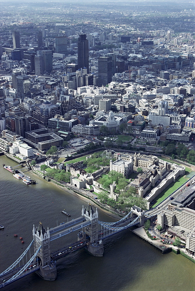 Aerial of Tower Bridge, Tower of London and the City of London, London, England, United Kingdom, Europe