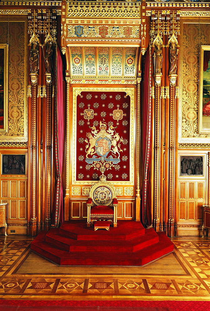 Throne in Queen's robing room, Houses of Parliament, Westminster, London, England, United Kingdom, Europe