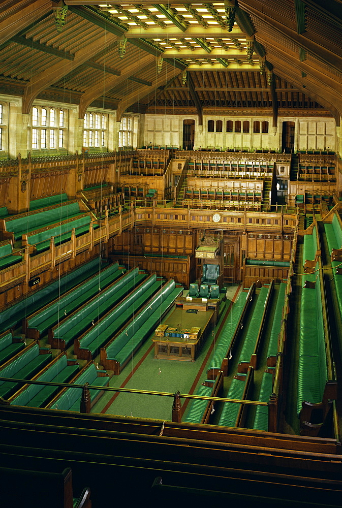 Interior of the Commons chamber, Houses of Parliament, Westminster, London, England, United Kingdom, Europe